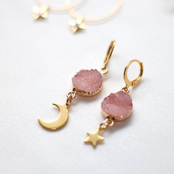 Moon & Star Pink Resin Cuff Stainless Steel Earrings - Picture 5 of 5